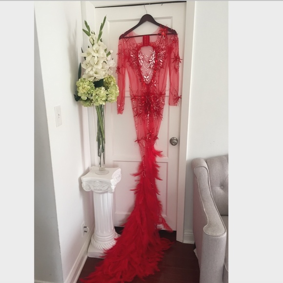 NEW! RED ANGEL DRESS HAND BEADED REAL FEATHER GOWN - Picture 4 of 15